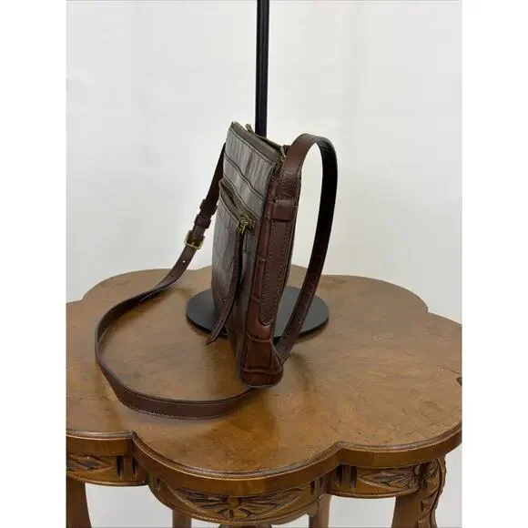 Fossil Brown Leather Pattern Small Crossbody Handbag Adjustable Strap #1662 - Picture 2 of 7